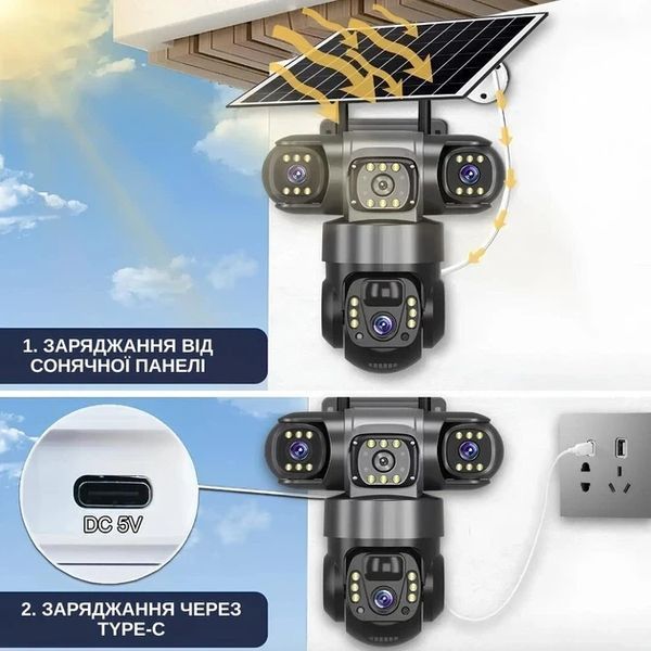 Вулична IP 4G камера відеоспостереження на сонячній панелі з трьома об'єктивами, V380 PRO S30-4G фото