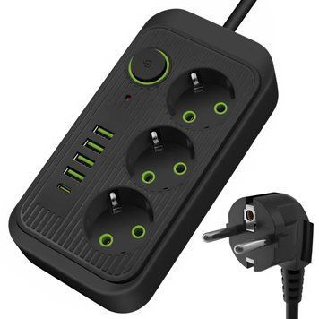 Мережевий фільтр Power Socket, подовжувач на 3 розетки з USB Type-C, переноска 1,85 метра, чорний F09U-Black фото