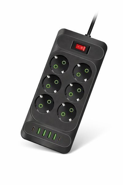 Подовжувач на 6 розеток + USB-порти, мережевий фільтр 2 м, Чорний F33U2M фото