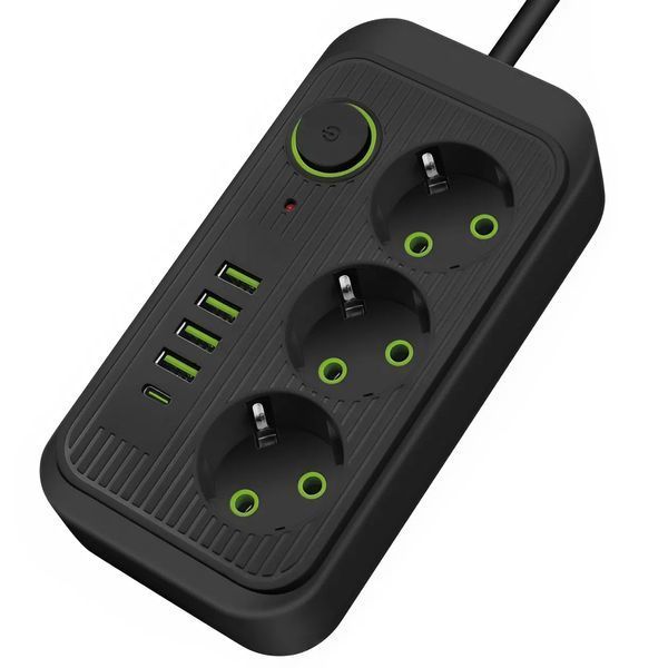 Мережевий фільтр Power Socket, подовжувач на 3 розетки з USB Type-C, переноска 1,85 метра, чорний F09U-Black фото