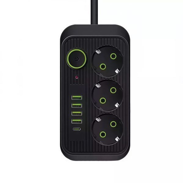 Мережевий фільтр Power Socket, подовжувач на 3 розетки з USB Type-C, переноска 1,85 метра, чорний F09U-Black фото