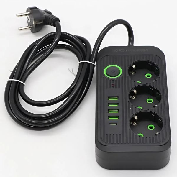Мережевий фільтр Power Socket, подовжувач на 3 розетки з USB Type-C, переноска 1,85 метра, чорний F09U-Black фото