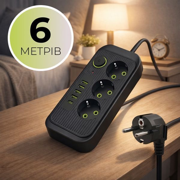 Мережевий фільтр-подовжувач на 3 розетки з USB, 6 метрів, Чорний F09U-Black6 фото