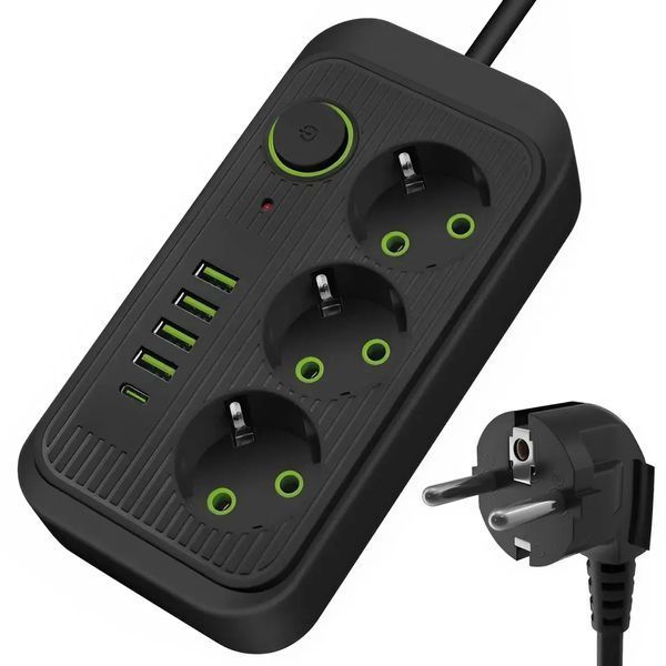 Мережевий фільтр-подовжувач на 3 розетки з USB, 6 метрів, Чорний F09U-Black6 фото