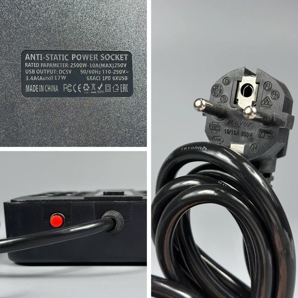 Мережевий фільтр-подовжувач на 6 розеток з USB, 3000 W, 2 метри, Чорний F542PD фото