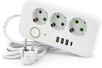 Подовжувач мережі Power Socket на 3 розетки з USB і Type-C, білий, 2,85 м F09U3M фото