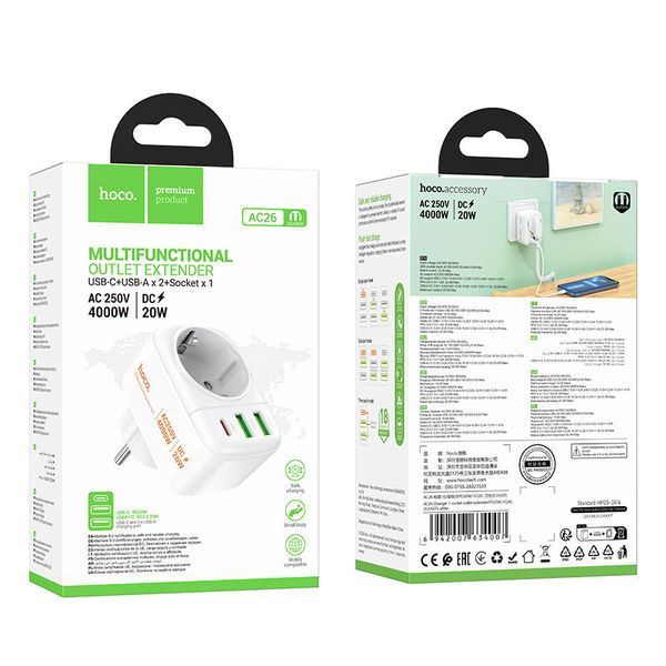 Мережевий адаптер, розетка HOCO AC26 Changer 1-socket 2xUSB/Type-C/AC 20W/3A 75213 фото