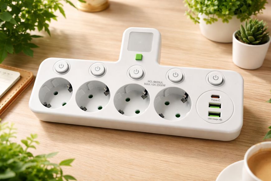 Мережевий фільтр на 4 розетки, подовжувач із USB-портами, 2500 Вт, Білий 8625T фото
