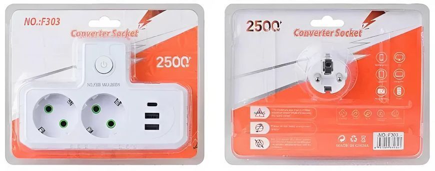 Мережевий фільтр, подовжувач на 2 розетки + USB-порти, Білий F303W фото