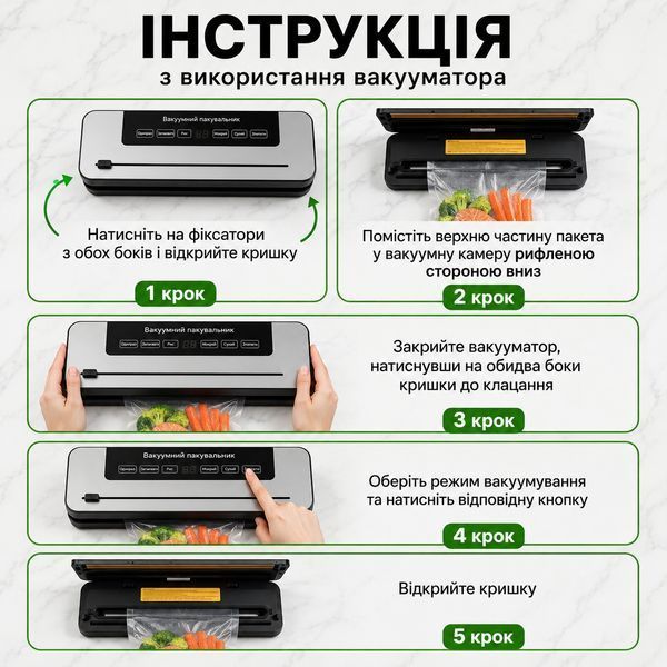 Вакууматор для сухих та вологих продуктів, 120 Вт із вбудованим різаком + 10 пакетів, вакуумний пакувальник VC-384 фото
