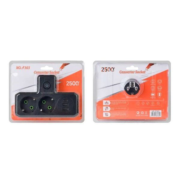 Мережевий фільтр, розгалужувач на 2 розетки з USB-портами, 2500 Вт, Чорний F303B фото